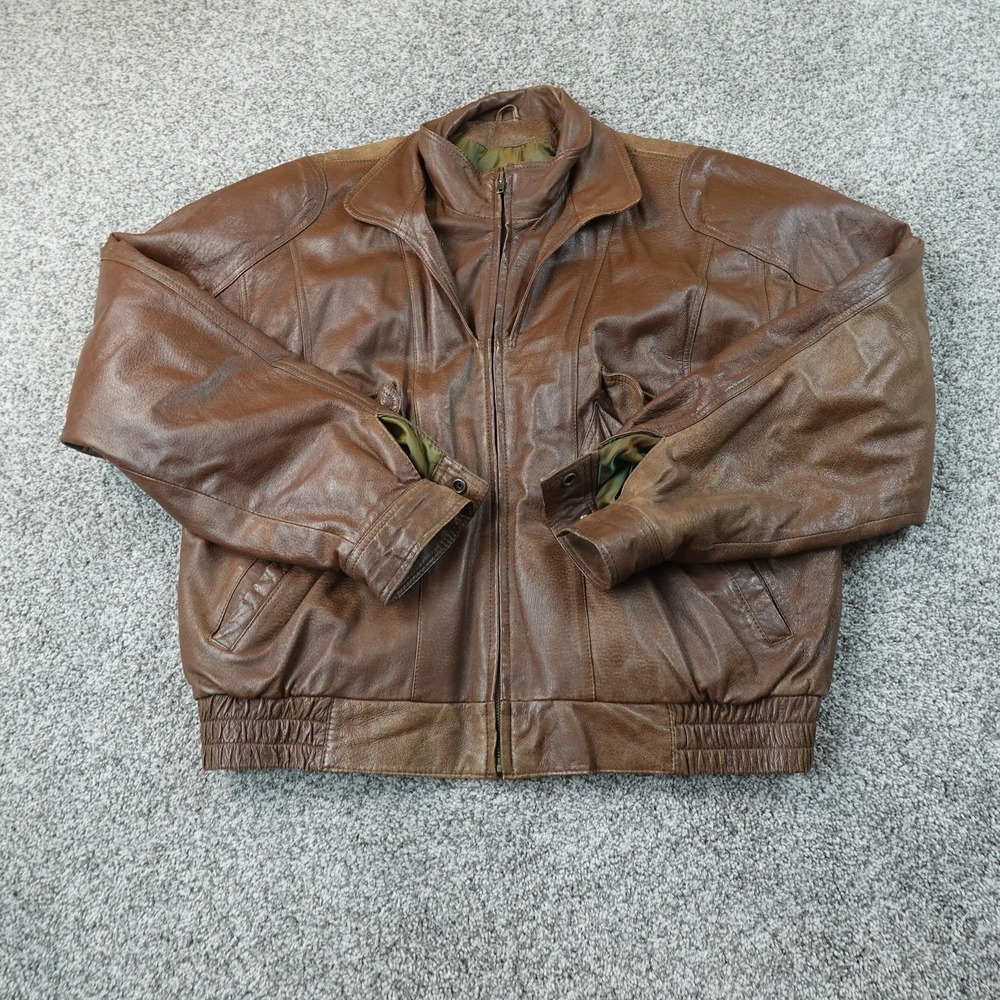 VTG Adventure Bound Jacket Mens XL Brown Leather Bomber Full Zip Motorcycle Coat